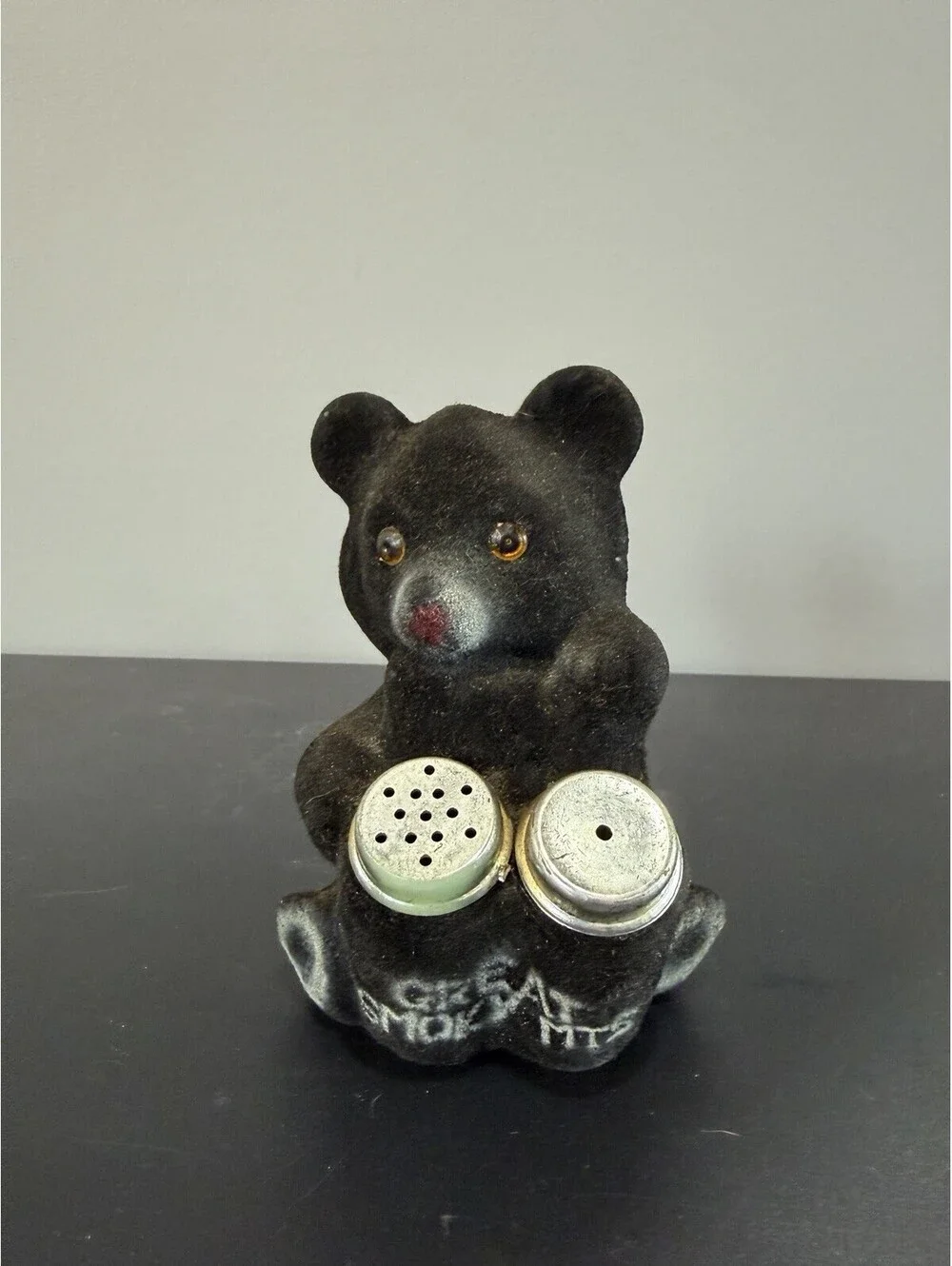 Vintage Flocked Black Bear Salt & Pepper Shakers -Great Smoky Mountains